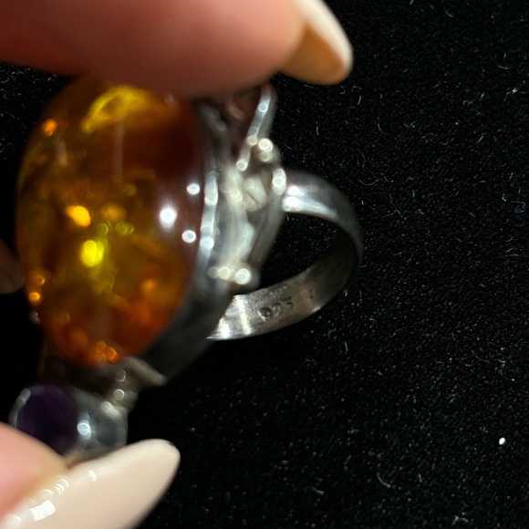 925 Amber, moonstone, amerhyst ring - Picture 2 of 3